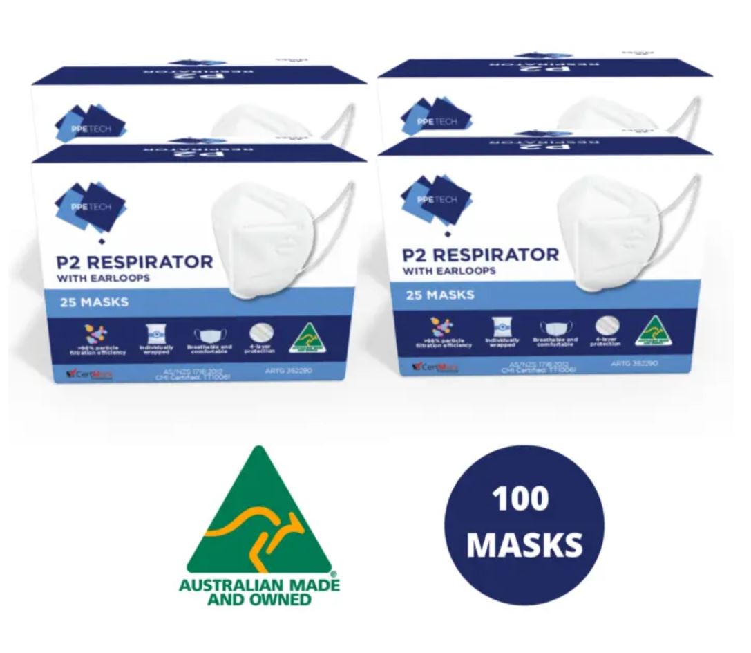 P2 Face Masks | Australian Made | PPETECH Level 2 | Ear-loop - White | 4 x Ply (4Boxes/100masks)