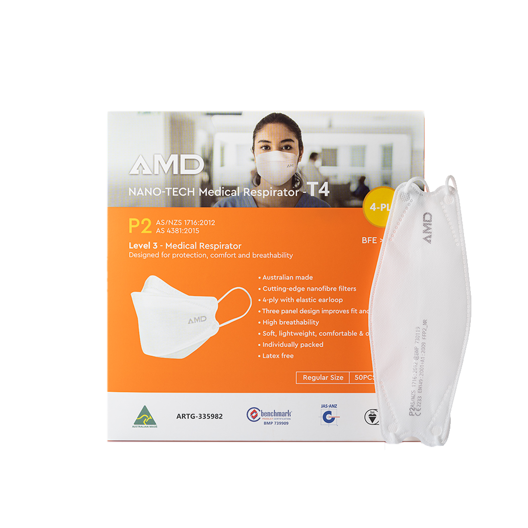 P2 Face Masks | Australian Made | AMD Nanotech Level 3 | EarLoop - White | 4xPly (1Box/50mask)