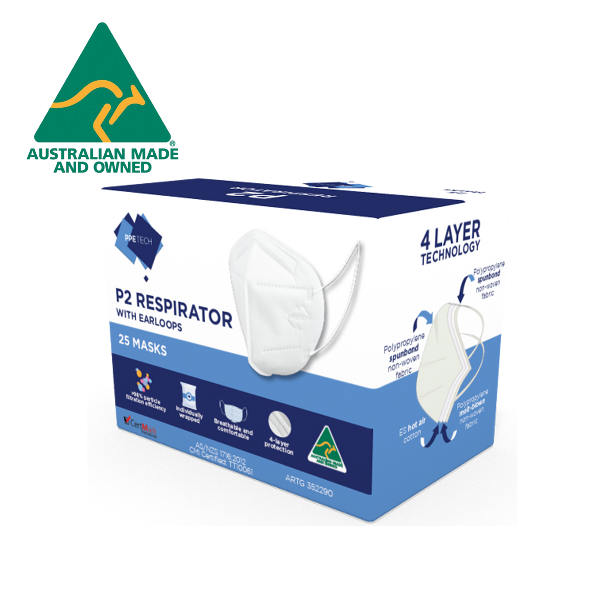 P2 Face Masks Australian Made PPETECH Level 2 Earloop White 4 x Ply