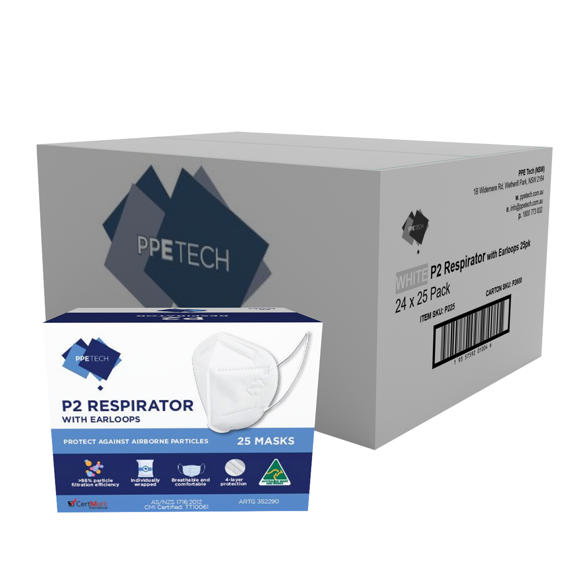 P2 Face Masks Australian made PPETech Level 2 Ear Loop White 4 x ply ( AusMed Health