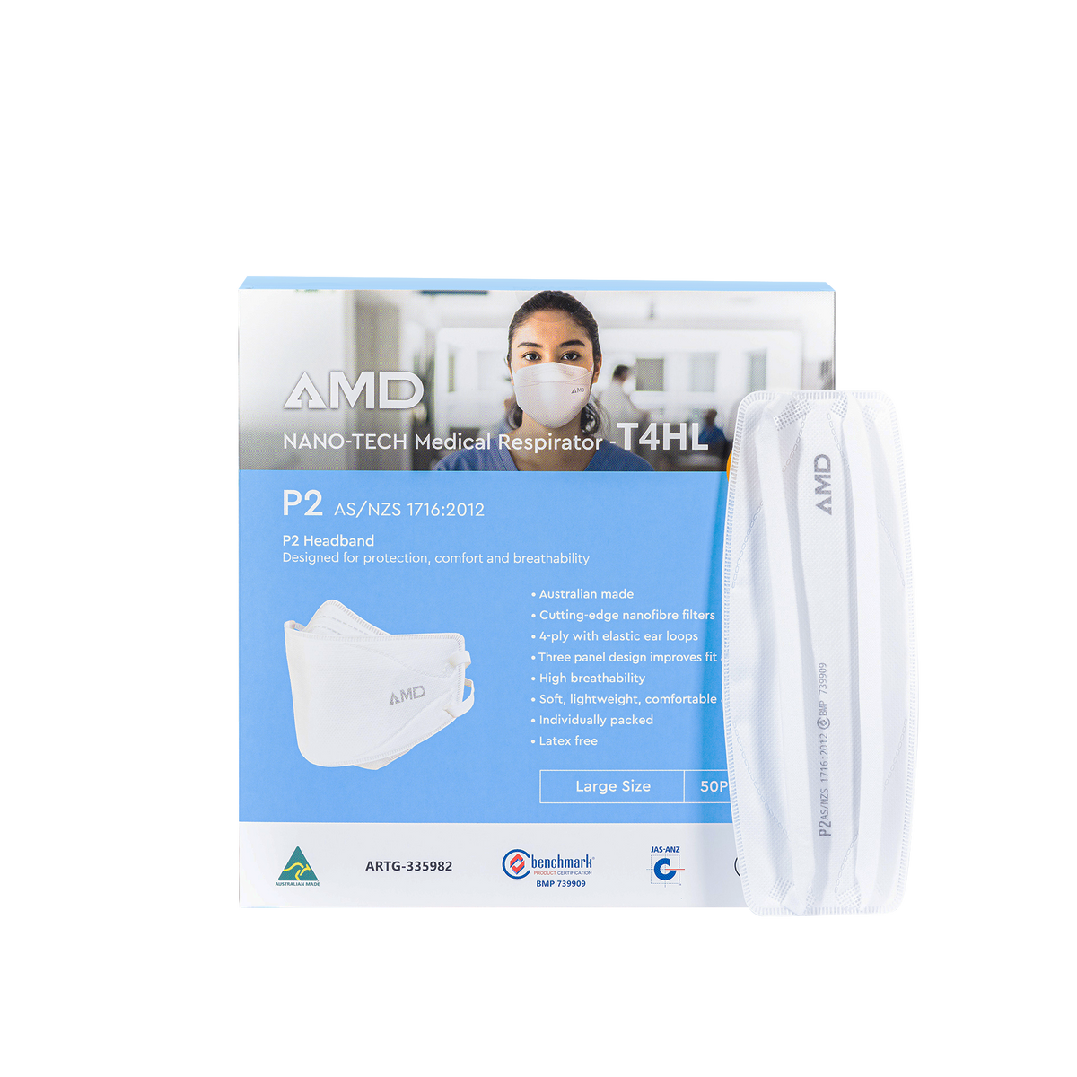 P2 Face Masks Australian Made AMD Nanotech Level 3 - White HEAD BANDS ...