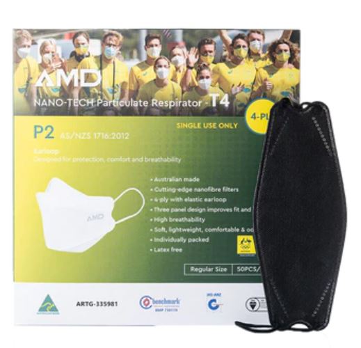 P2 Face Masks WHITE | Australian Made | AMD Nanotech Level 3 | Ear Loop - WHITE | 4 x ply (1Box/50masks)