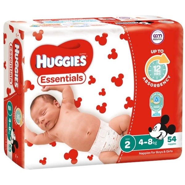Huggies Essential Nappy Infant. Small/Size 2. 3-8 kgs. (Pack of 54 Nappies)