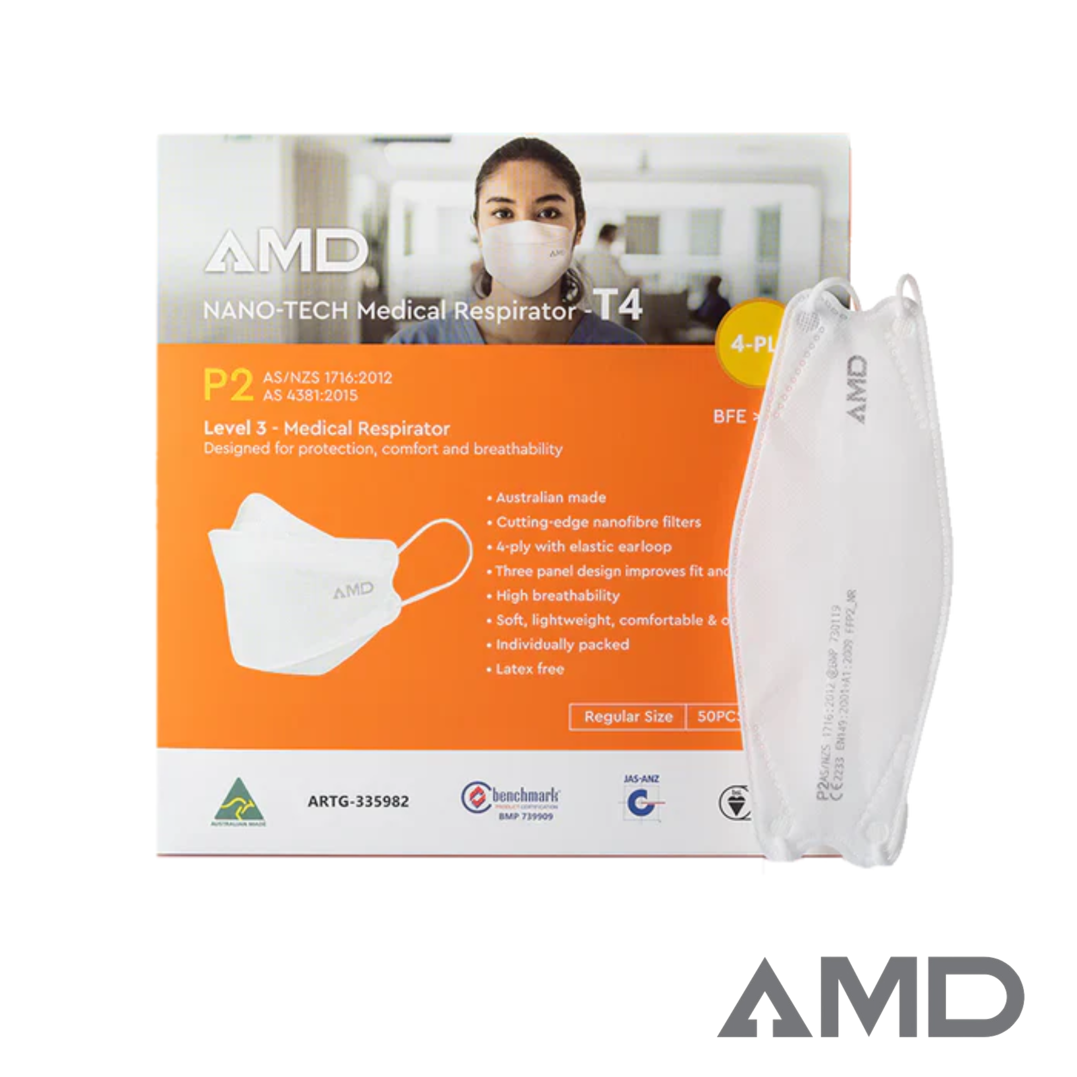 P2 Face Masks WHITE | Australian Made | AMD Nanotech Level 3 | Ear Loop - WHITE | 4 x ply (1Box/50masks)