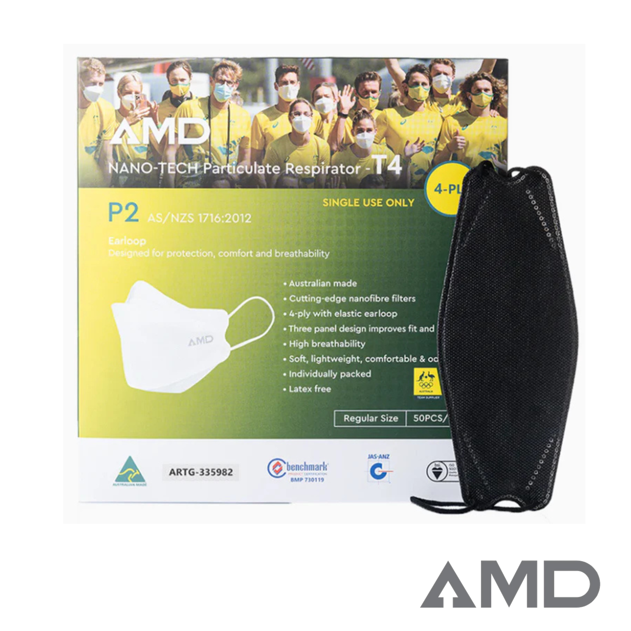 P2 Face Masks BLACK | Australian Made | AMD Nanotech  Level 3 | Ear Loop  -  BLACK  | 4 x ply (1Box/50masks)