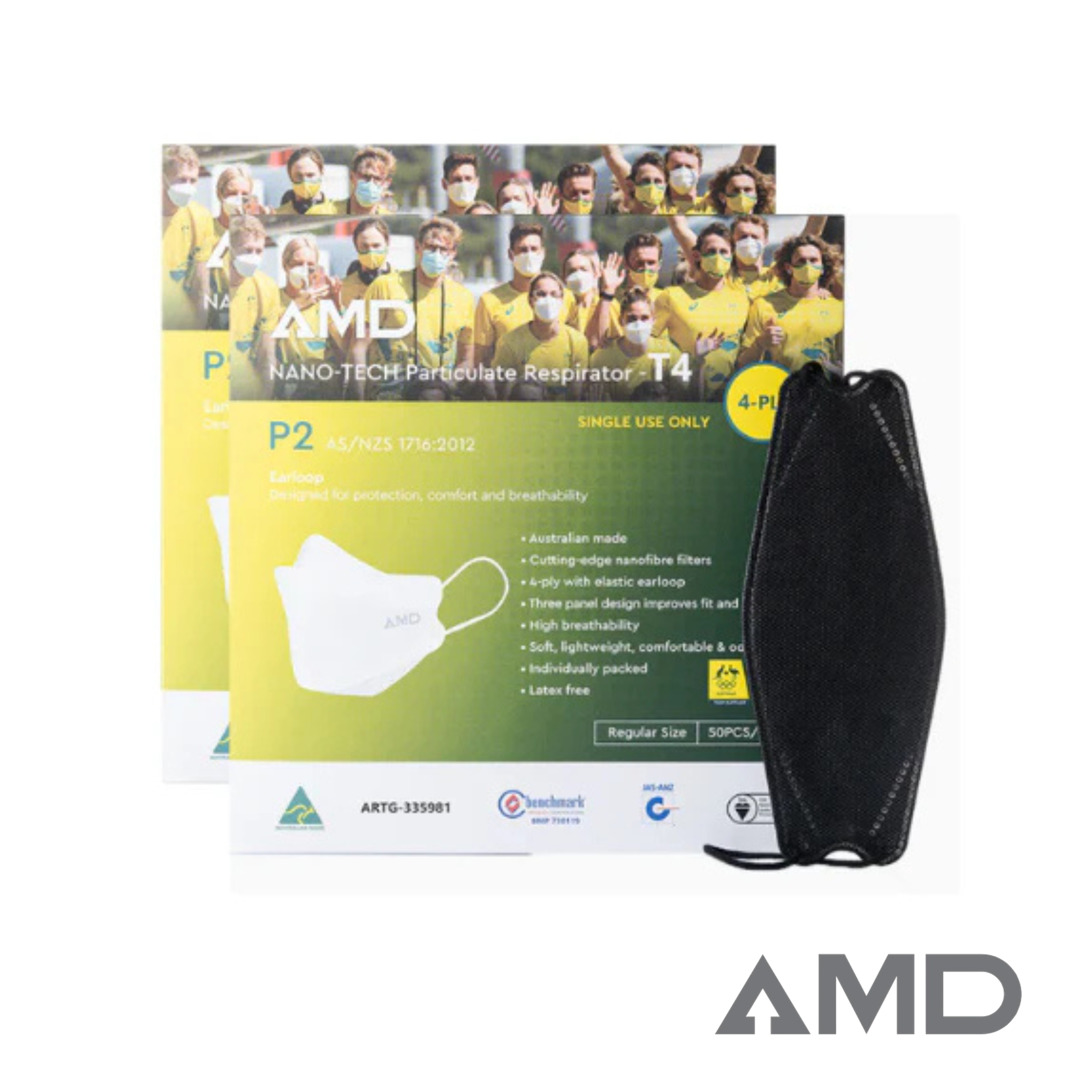 P2 Face Masks BLACK | Australian Made | AMD Nanotech  Level 3 | Ear Loop  -  BLACK  | 4 x ply (2Boxes/100masks)