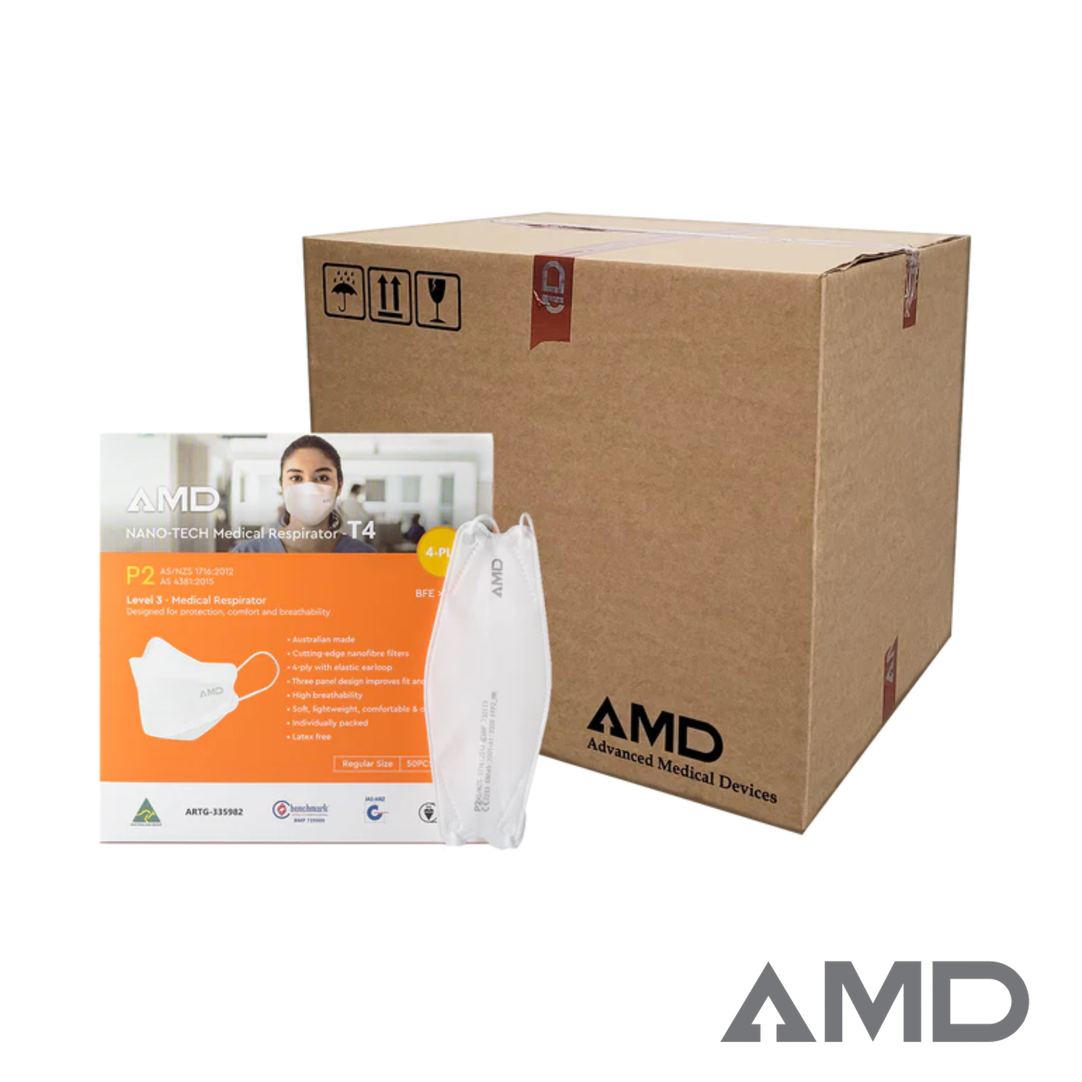 P2 Face Masks | Australian made | AMD Nanotech Level 3 | Ear Loop - White | 4 x ply (1Carton/1000masks)