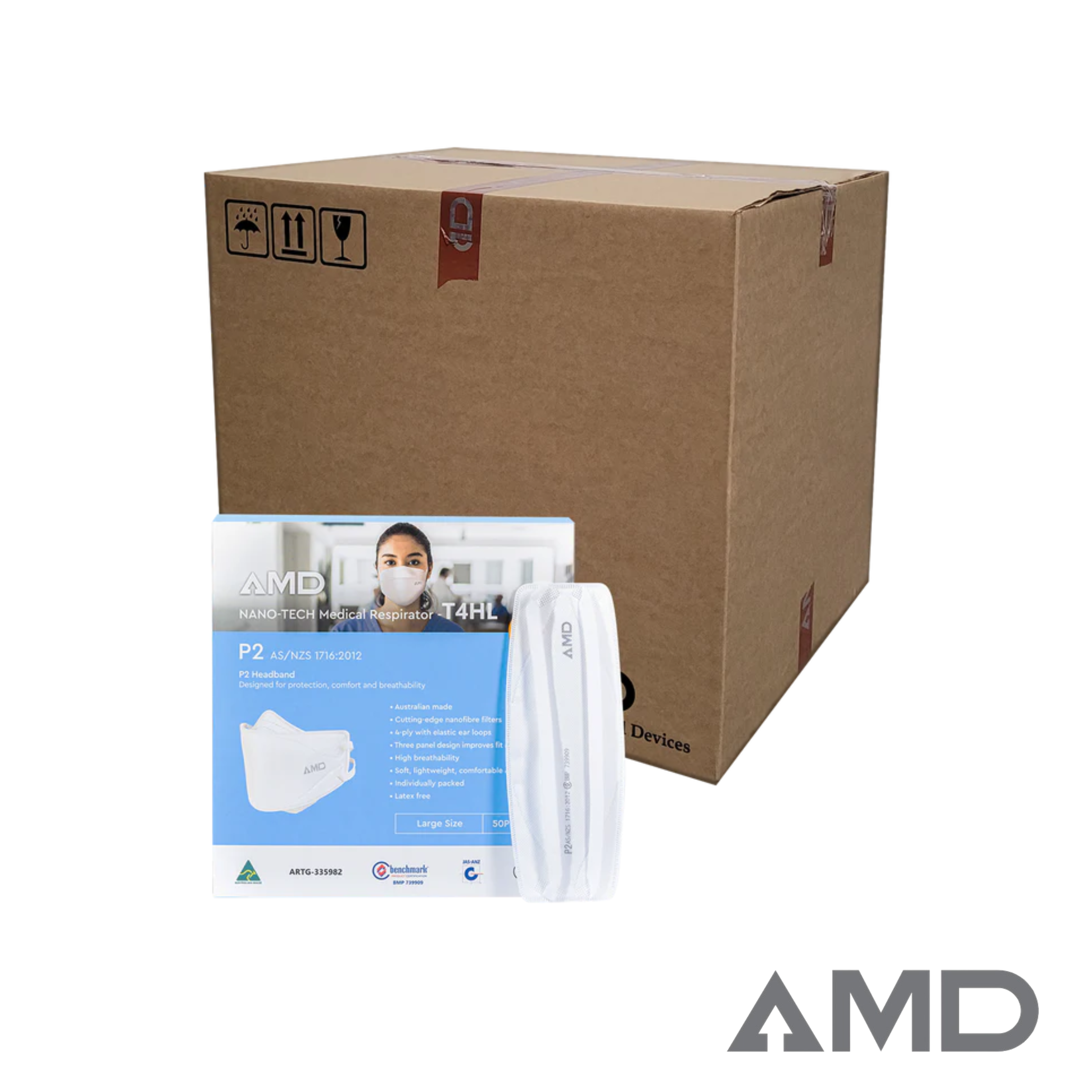 P2 Face Masks | Australian made | AMD Nanotech Level 3 | HEAD BANDS - White | 4 x ply (1Carton/1000masks)