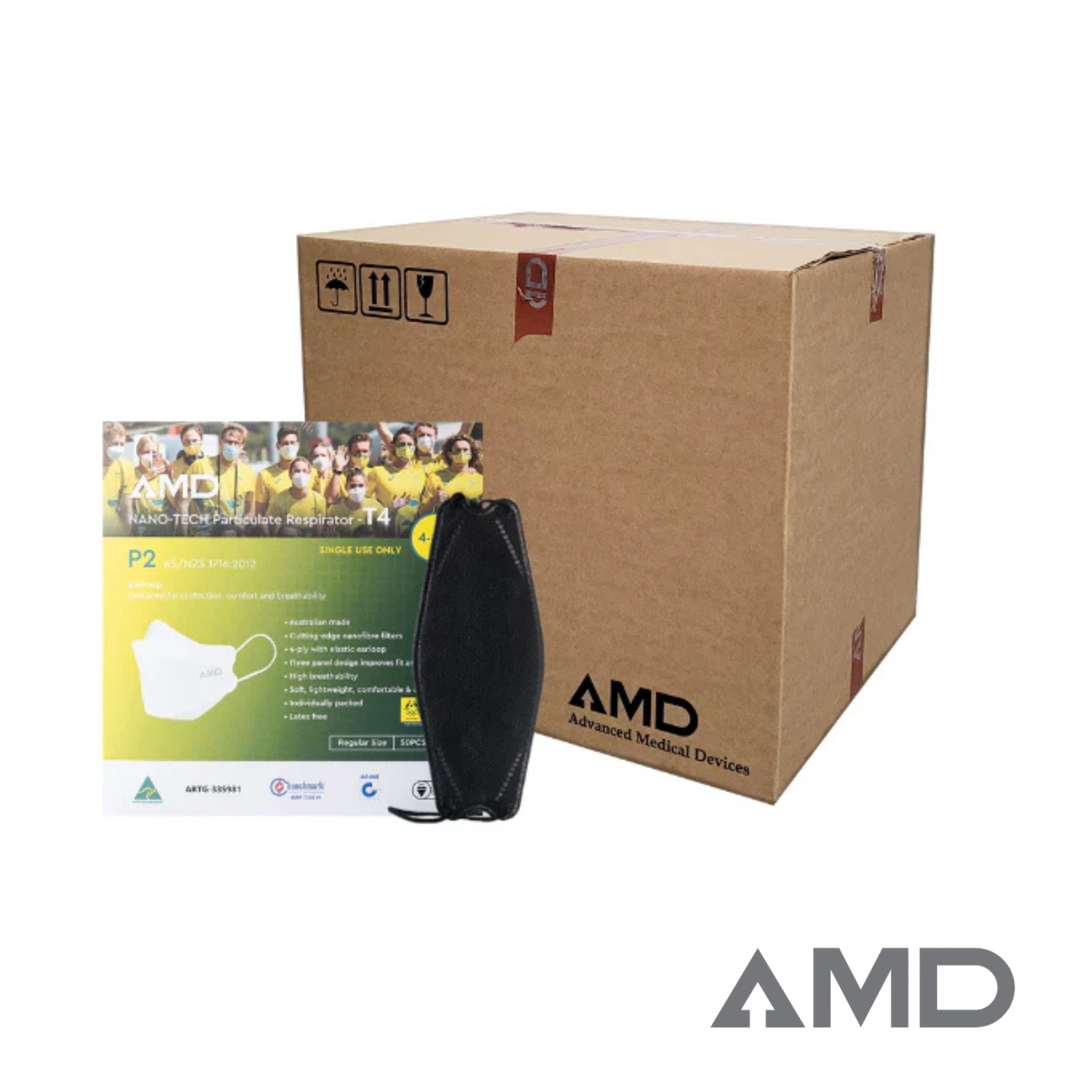 P2 Face Masks | Australian made | AMD Nanotech Level 3 | Ear Loop - BLACK | 4 x ply (1Carton/1000masks)