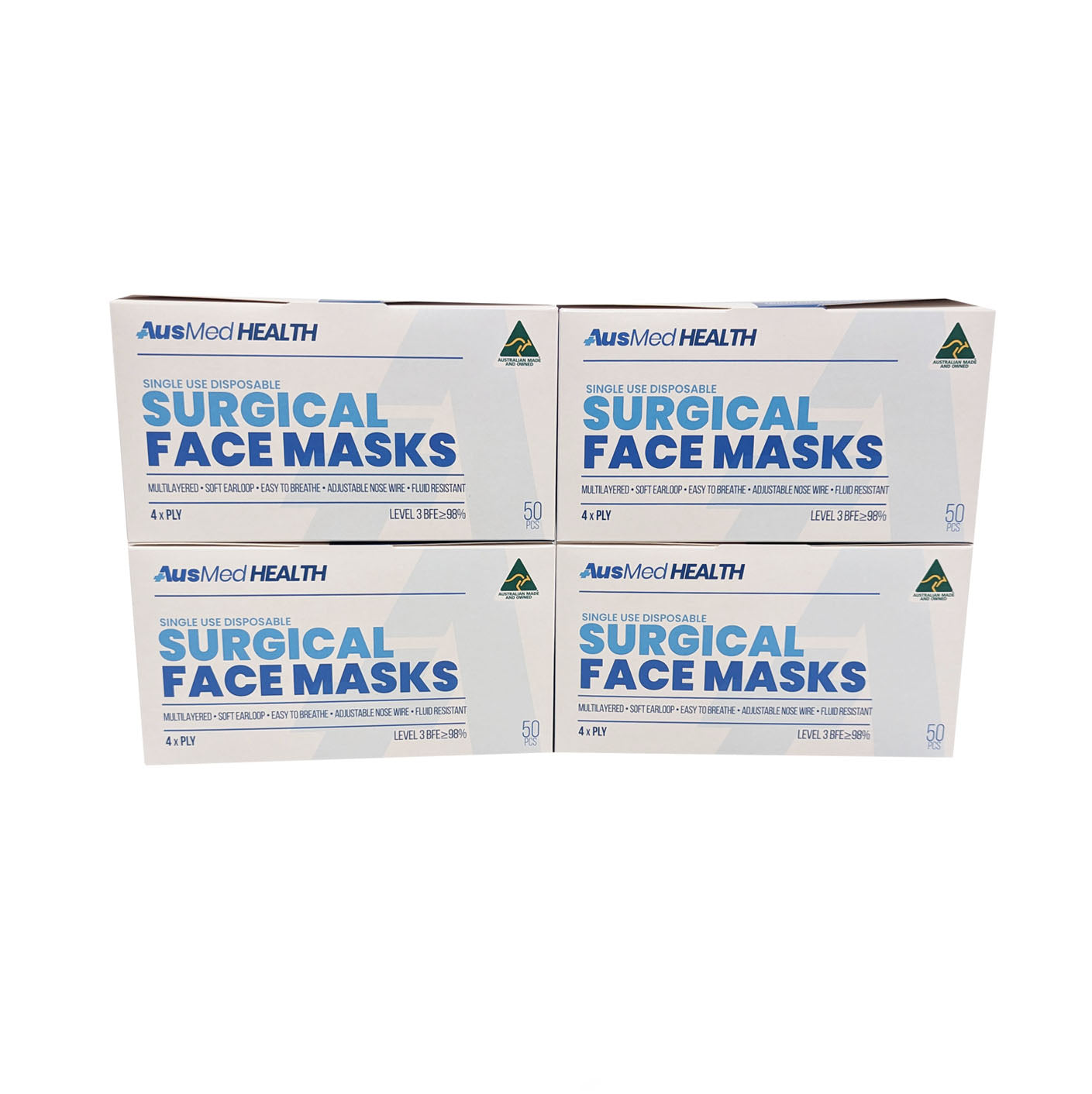 Surgical Face Masks | Australian Made | Premium 4x Ply| Level 3 (4 Boxes/200 Masks)