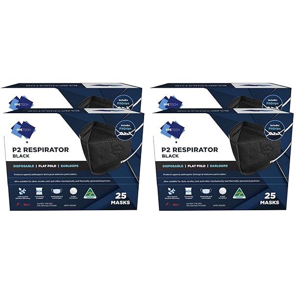 P2 Face Masks | Australian Made | PPETECH Level 2 | Ear-loop - Black | 4 x Ply (4Boxes/100masks)