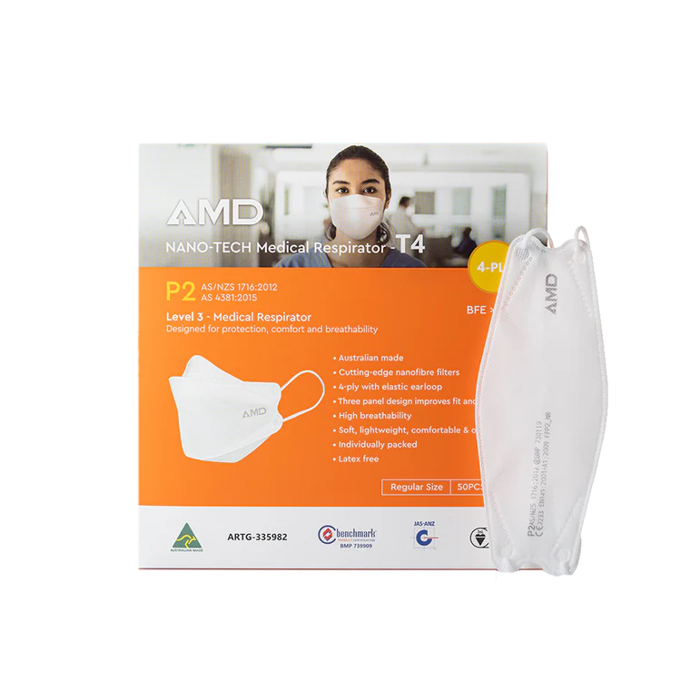 P2 Face Masks WHITE | Australian Made | AMD Nanotech Level 3 | Ear Loop - WHITE | 4 x ply (1Box/50masks)