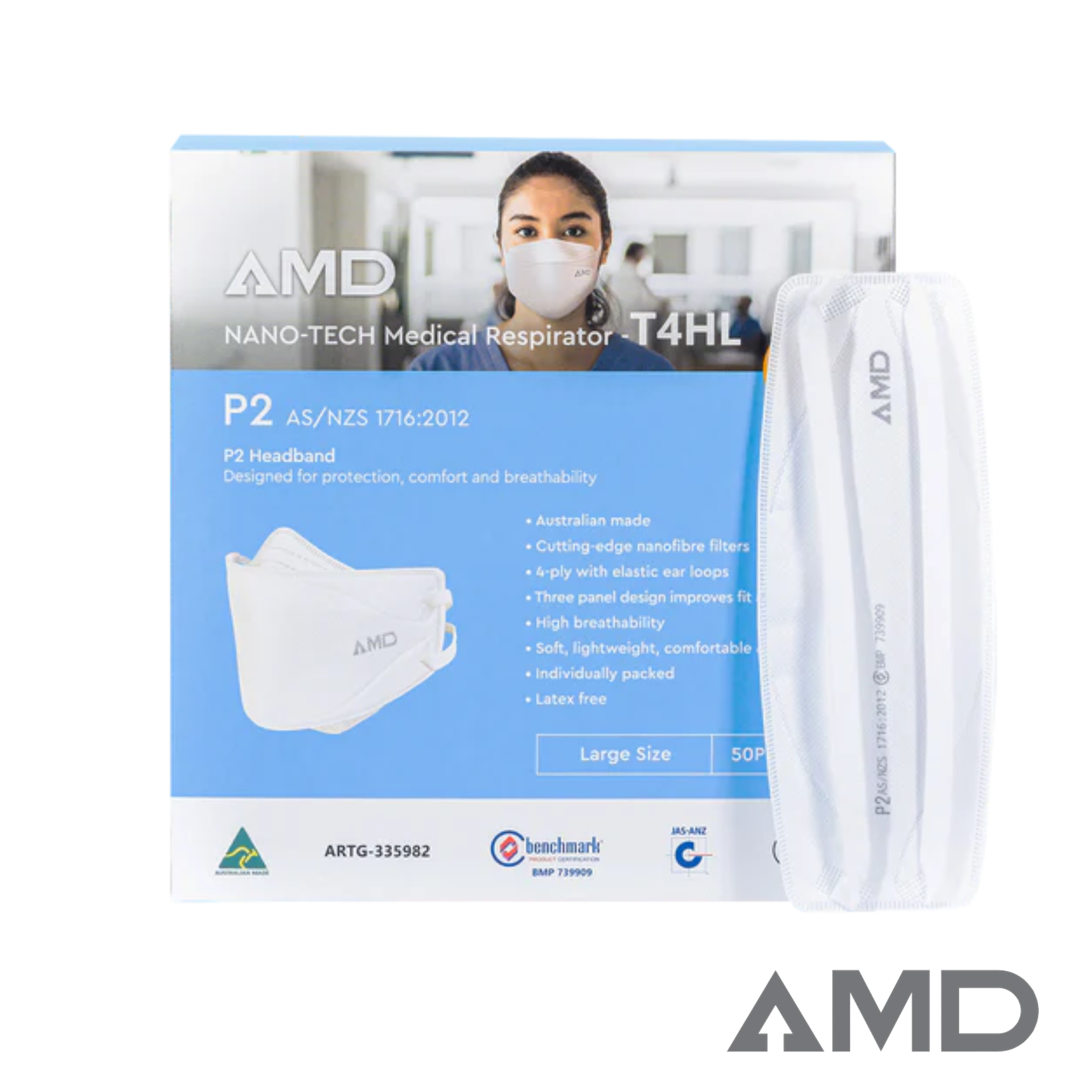 P2 Face Masks | Australian Made | AMD Nanotech  Level 3, HEAD BANDS, White 4 x Ply (1Box/50masks) A