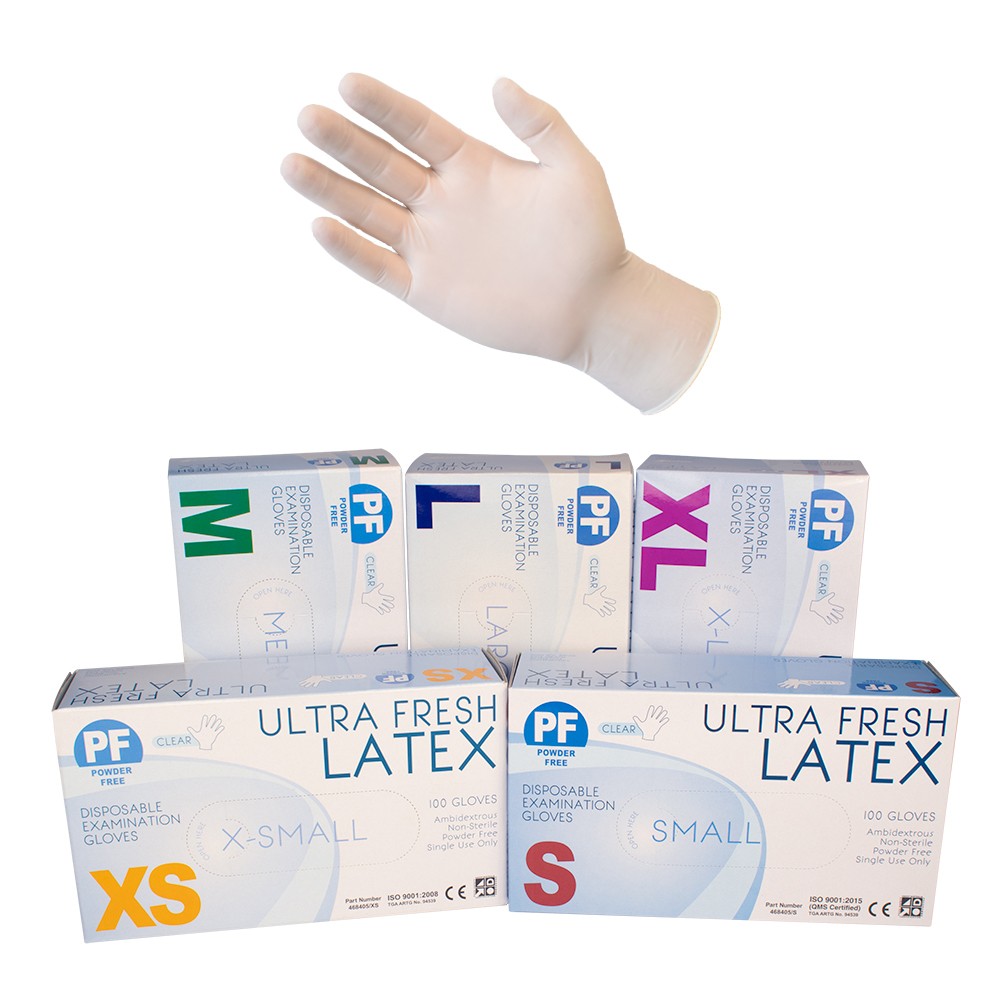 ULTRA FRESH LATEX Disposable Clear Powdered Gloves. Multiple Sizes. (1xBox/100Gloves)