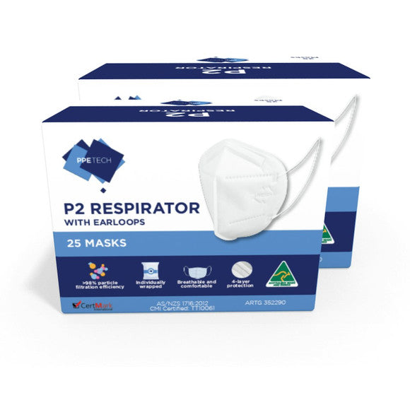 P2 Face Masks | Australian Made | PPETECH Level 2 | Ear-loop - White | 4 x Ply (2Boxes/50masks)
