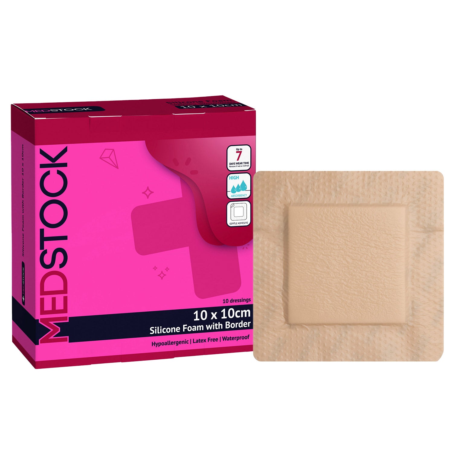 MedStock Silicone Foam Dressing with Border 10cm x 10cm. Wound Care (10pcs/box)