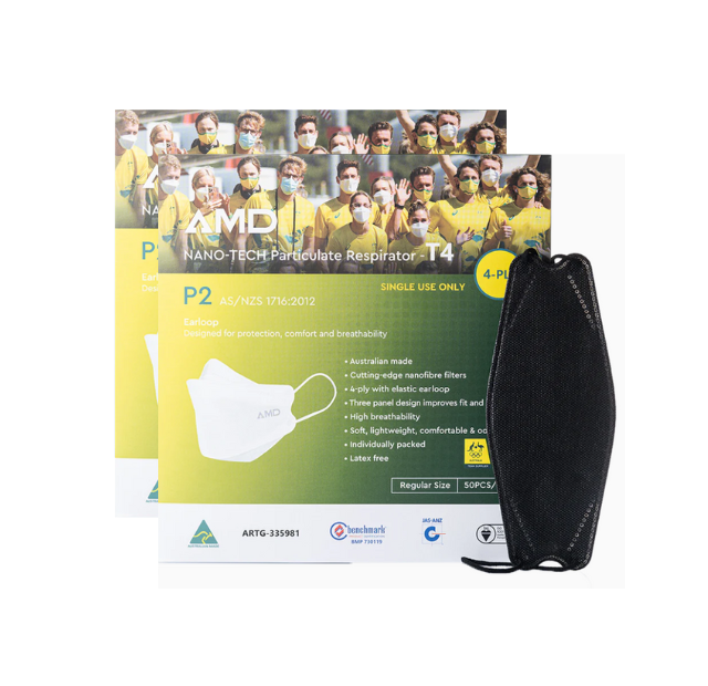 P2 Face Masks BLACK | Australian Made | AMD Nanotech  Level 3 | Ear Loop  -  BLACK  | 4 x ply (2Boxes/100masks)