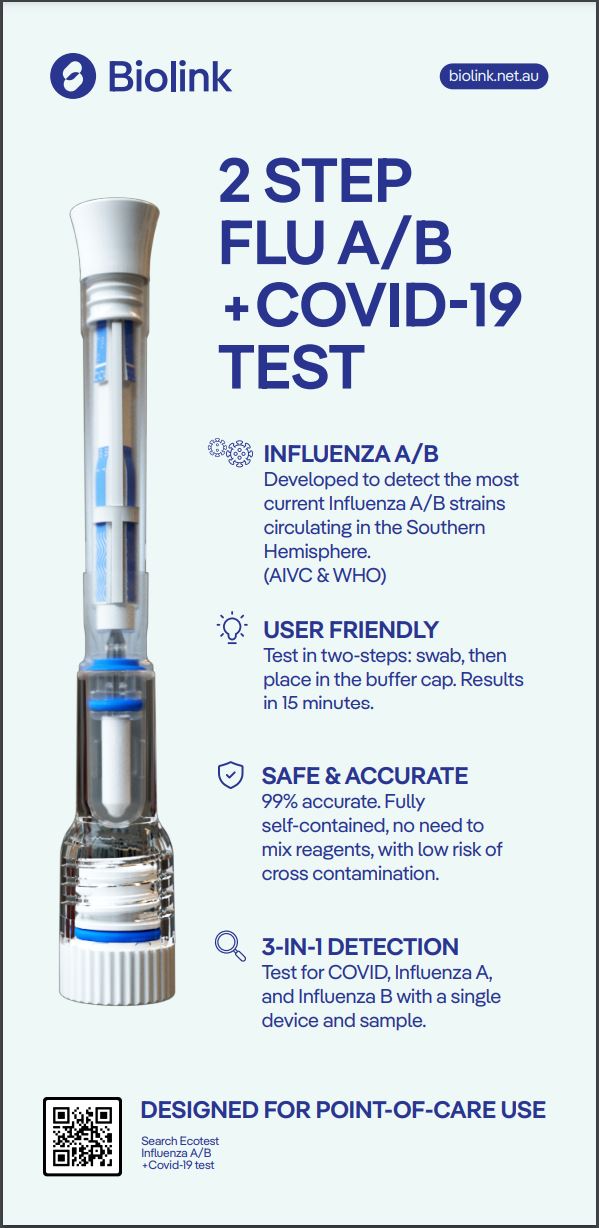 BIOLINK INFLUENZA       A&B + Covid Rapid Antigen Test.          High Sensitivity (Box of 20)