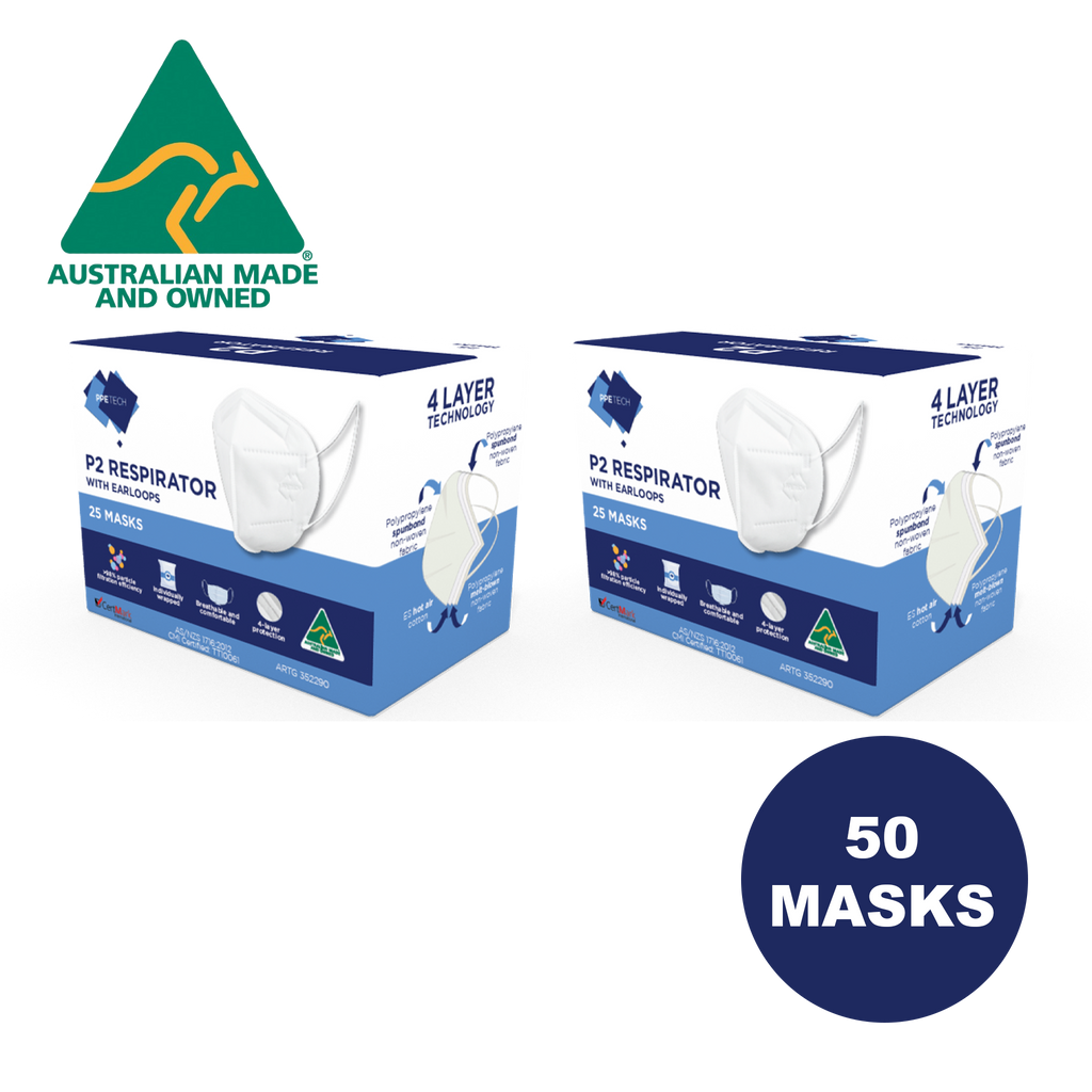 P2 Face Masks | Australian Made | PPETECH Level 2 | Ear-loop - White | 4 x Ply (2Boxes/50masks)