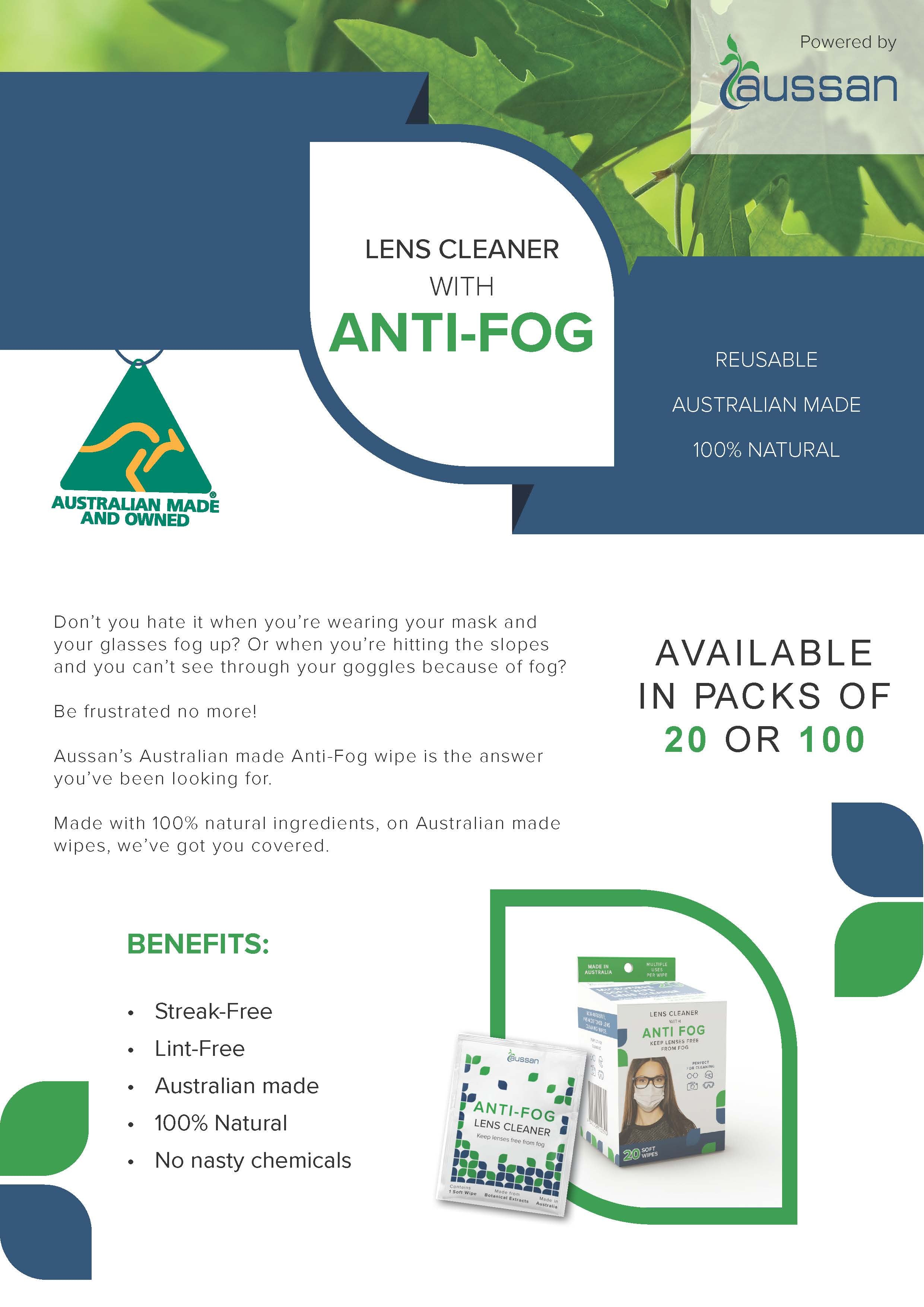 AusMed Health - Aussan Re-Usable | Anti-Fog Wipes (3xboxes/ 60 wipes)