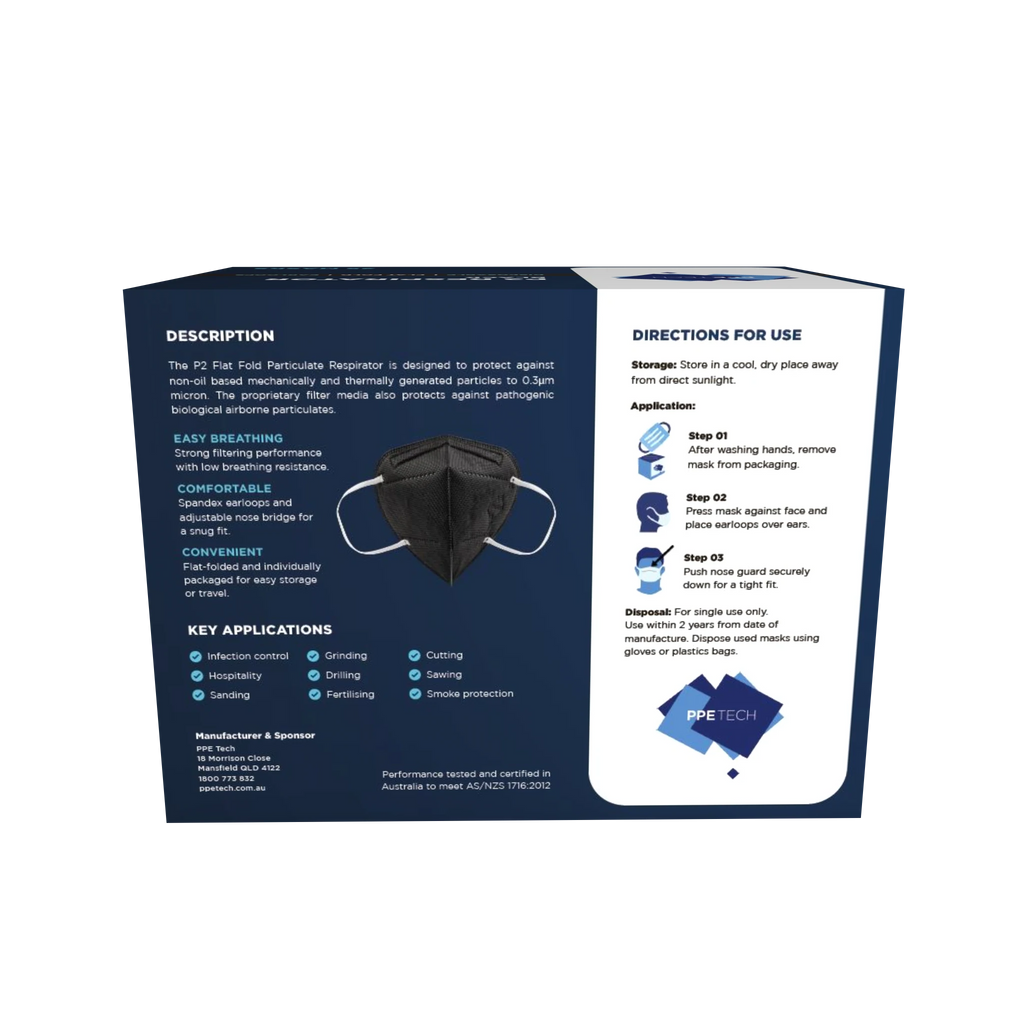 P2 Mask BLACK | Australian Made | PPETECH Level 2 | Ear-loop - BLACK | 4 x Ply (1Box/25masks)