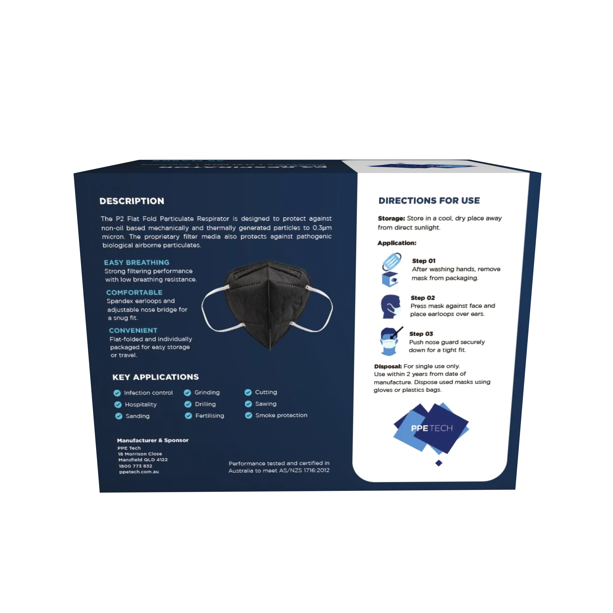 P2 Mask BLACK | Australian Made | PPETECH Level 2 | Ear-loop - BLACK | 4 x Ply (1Box/25masks)