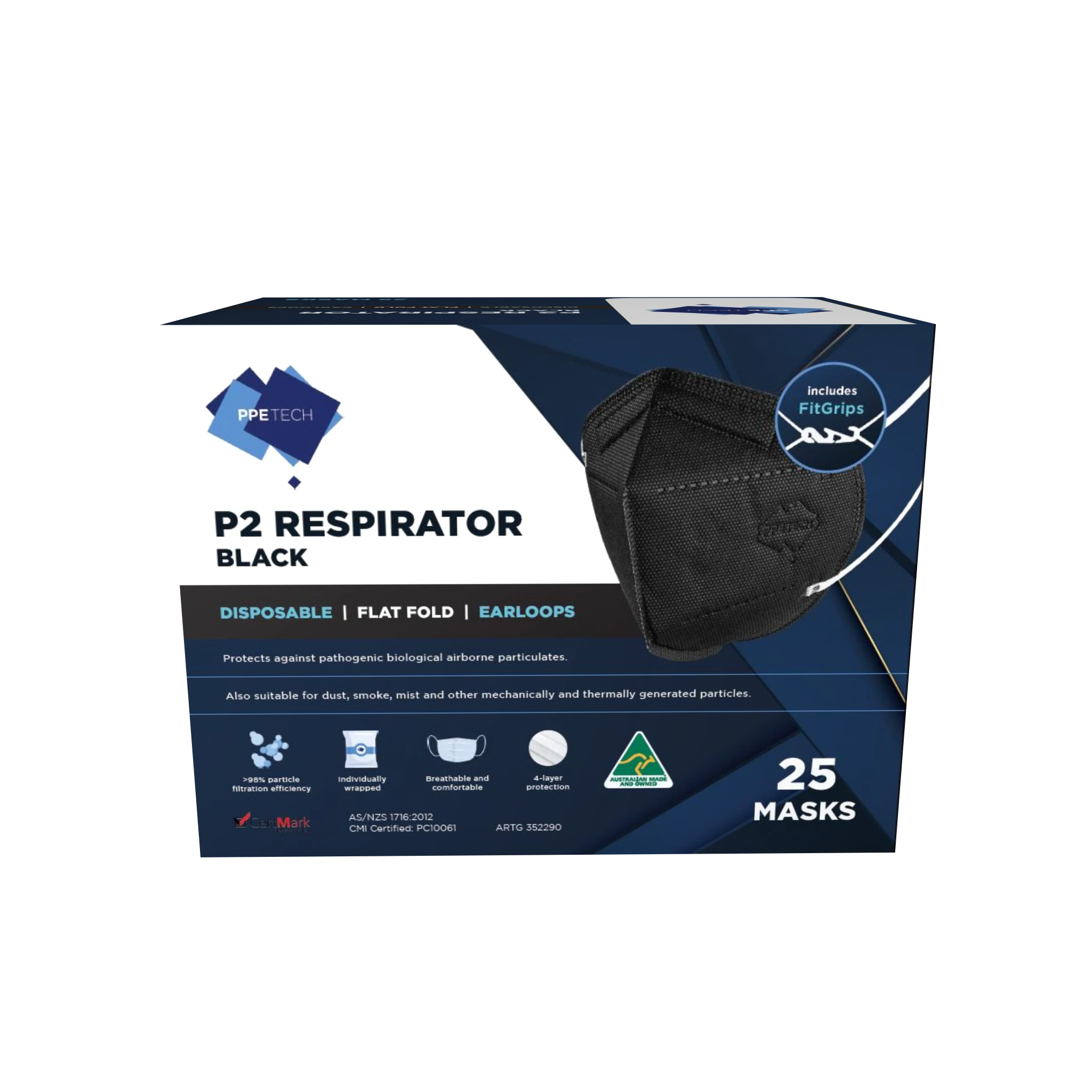P2 Mask BLACK | Australian Made | PPETECH Level 2 | Ear-loop - BLACK | 4 x Ply (1Box/25masks)