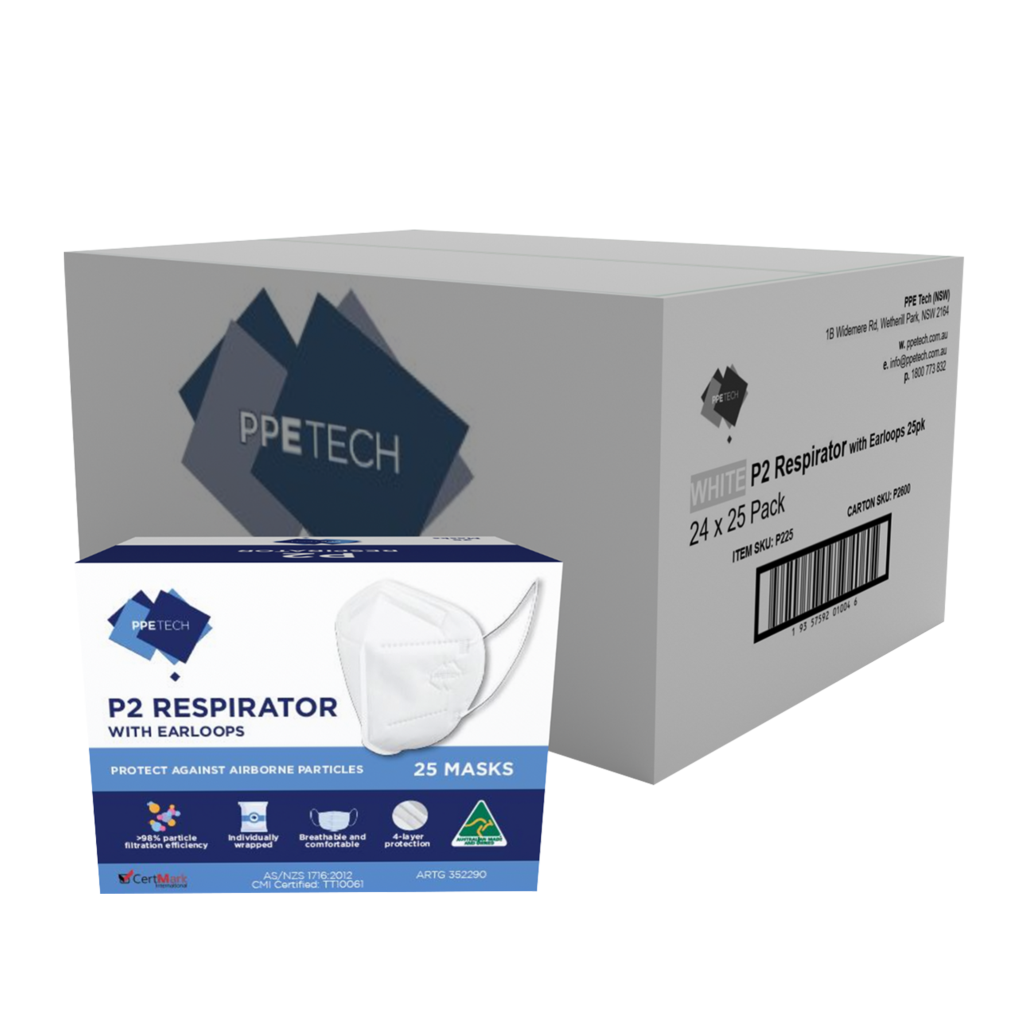 P2 Face Masks | Australian made | PPETech Level 2 | Ear Loop - White | 4 x ply (1Carton/600masks)