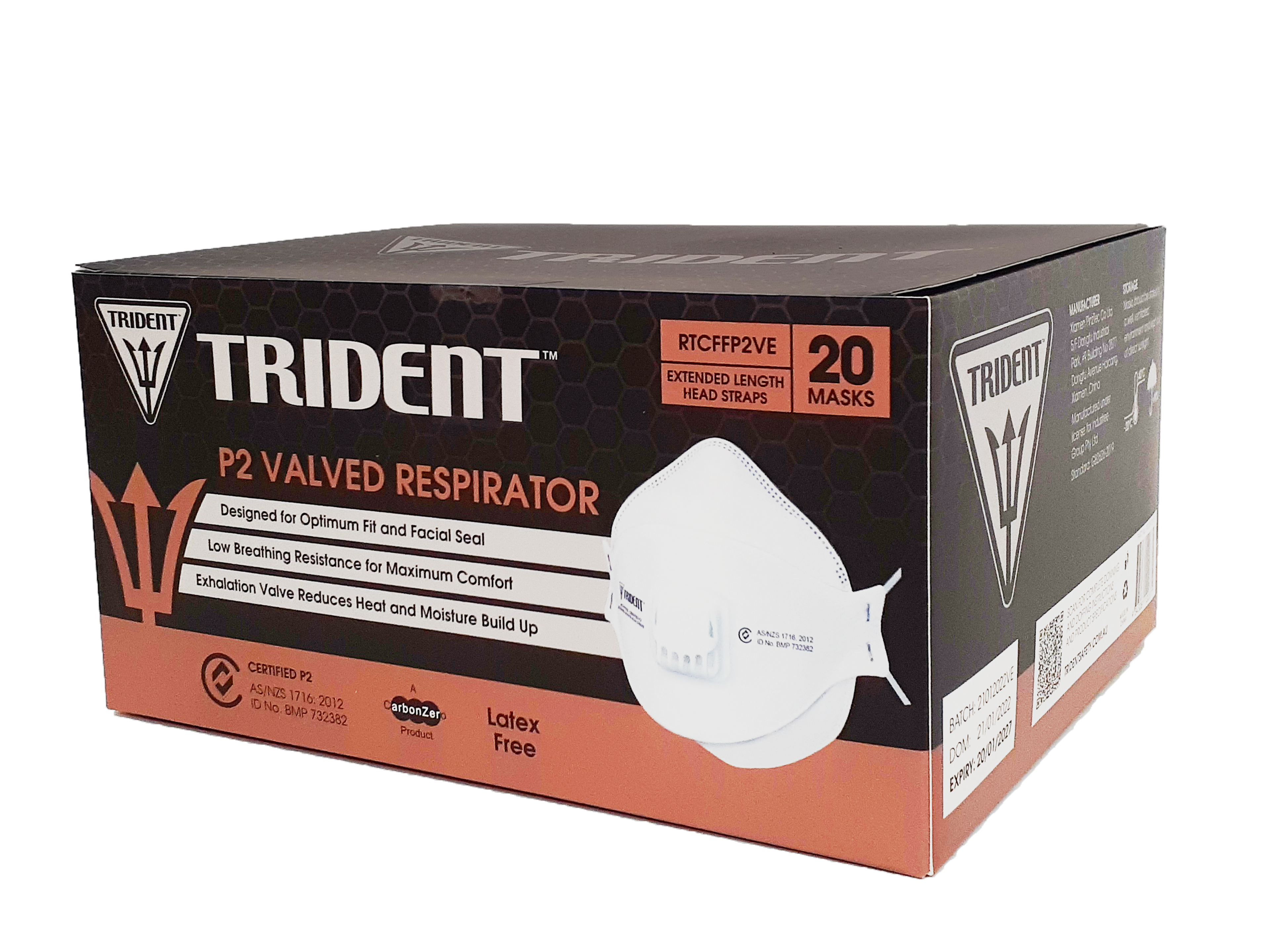 Trident® P2 Valved Respirator | Industrial Grade | Extended Length Head Straps | Level 3 (1Box/20masks)