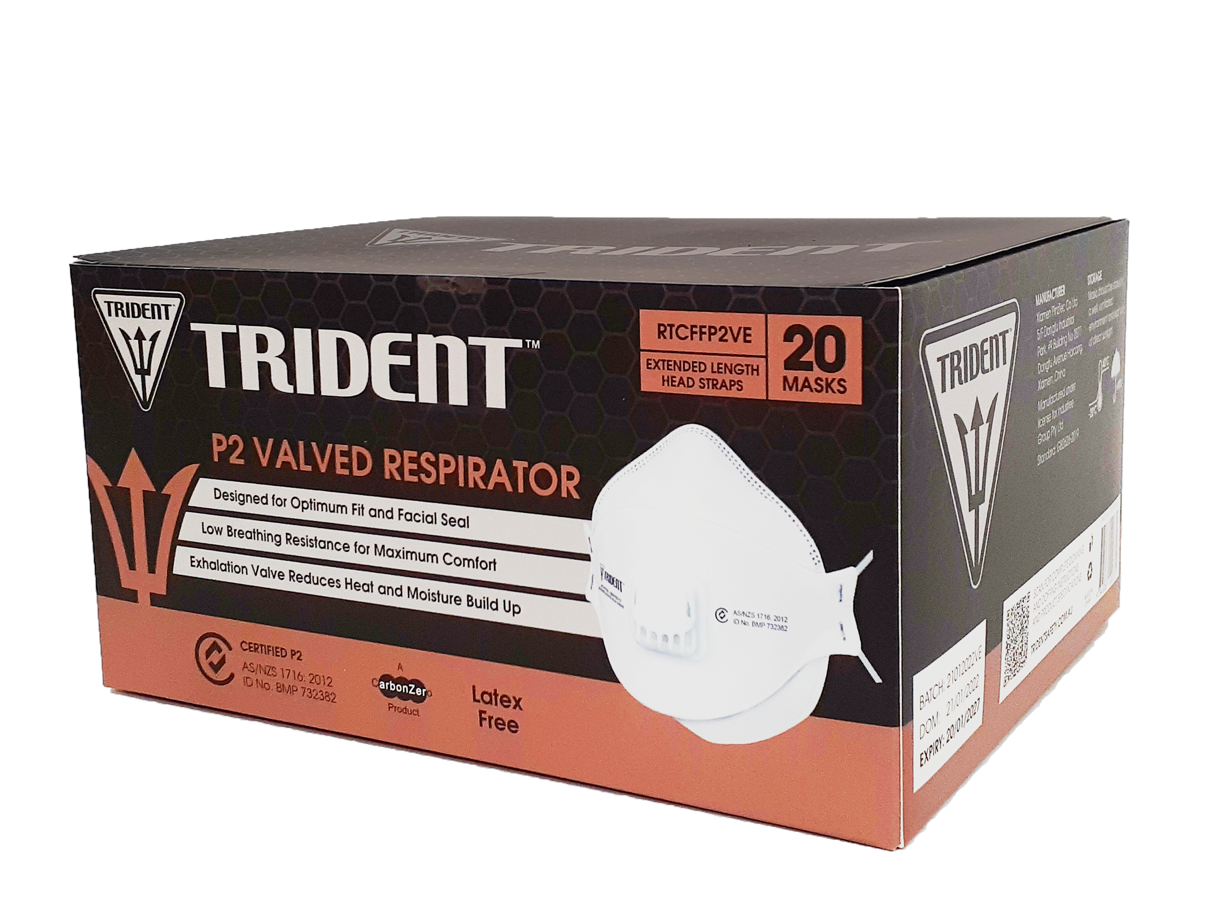 Trident® P2 Valved Respirator | Industrial Grade | Extended Length Head Straps | Level 3 (1Box/20masks)