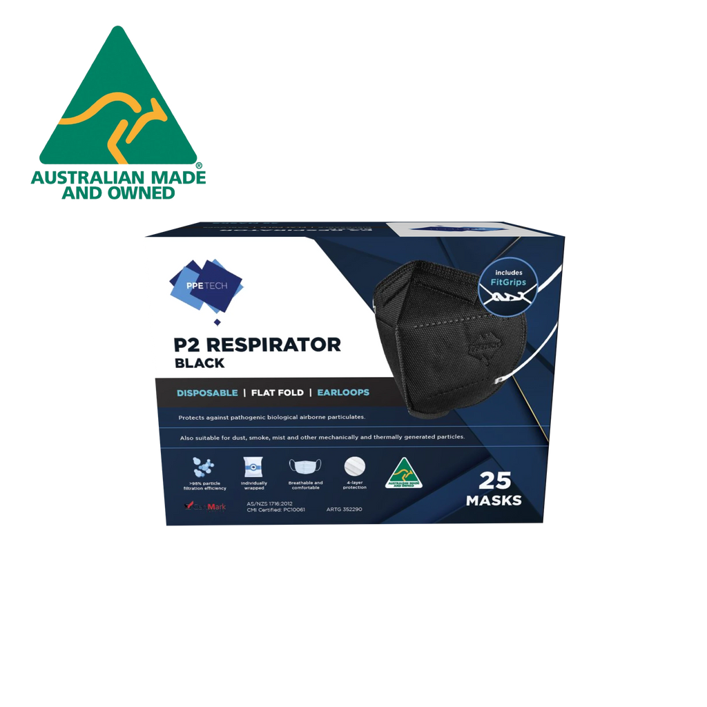 P2 Mask BLACK | Australian Made | PPETECH Level 2 | Ear-loop - BLACK | 4 x Ply (1Box/25masks)