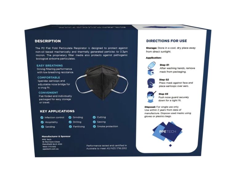 P2 Mask BLACK | Australian Made | PPETECH (50 Masks) Ear-loop BLACK 4 x Ply (2Box/50 Masks)