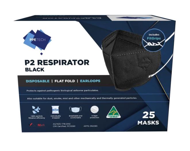 P2 Mask BLACK | Australian Made | PPETECH (50 Masks) Ear-loop BLACK 4 x Ply (2Box/50 Masks)
