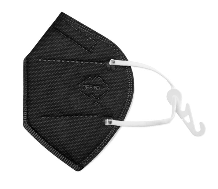 P2 Mask BLACK | Australian Made | PPETECH (50 Masks) Ear-loop BLACK 4 x Ply (2Box/50 Masks)