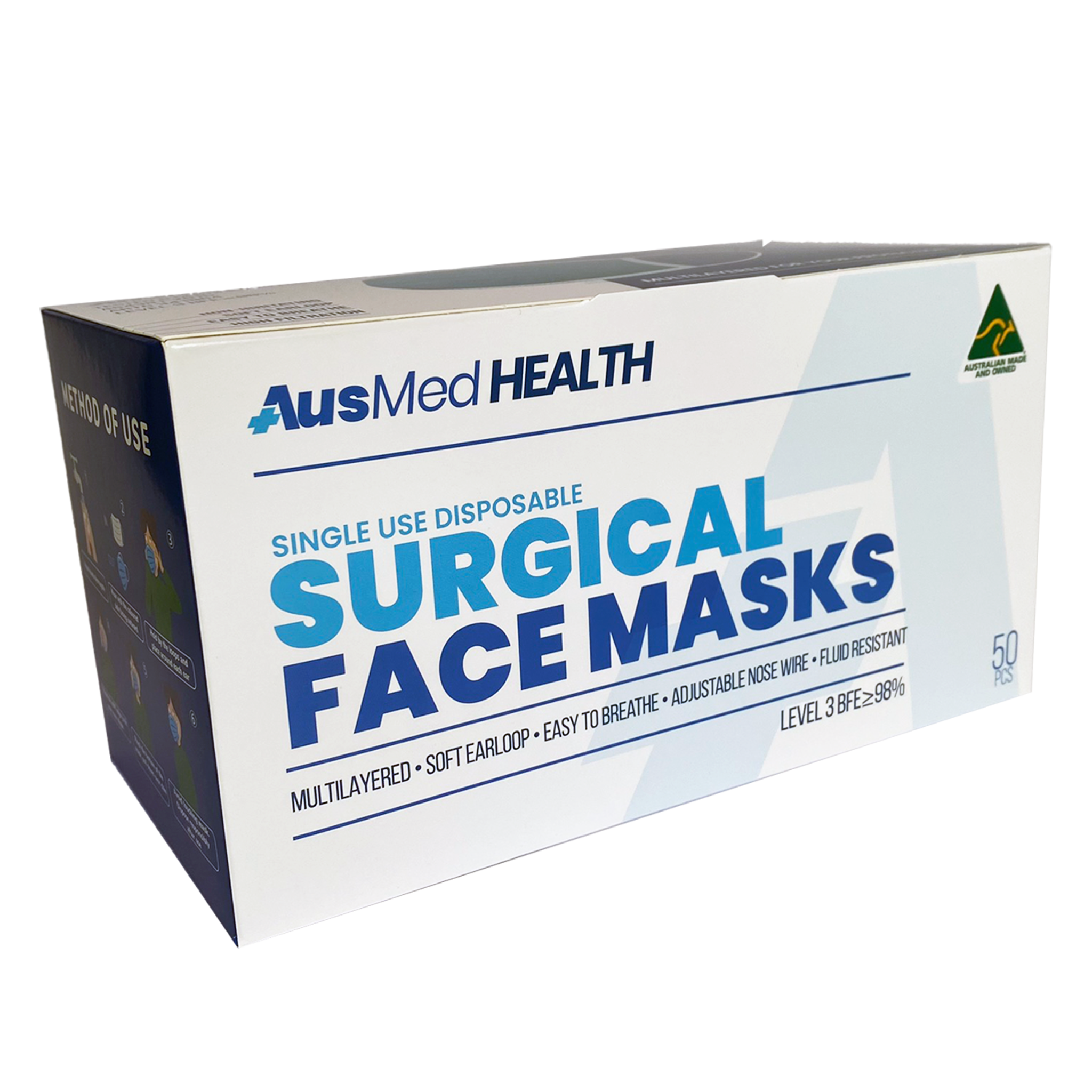 Surgical Face Masks | Australian Made | Premium 4x Ply| Level 3 (1 Box/50 Masks)