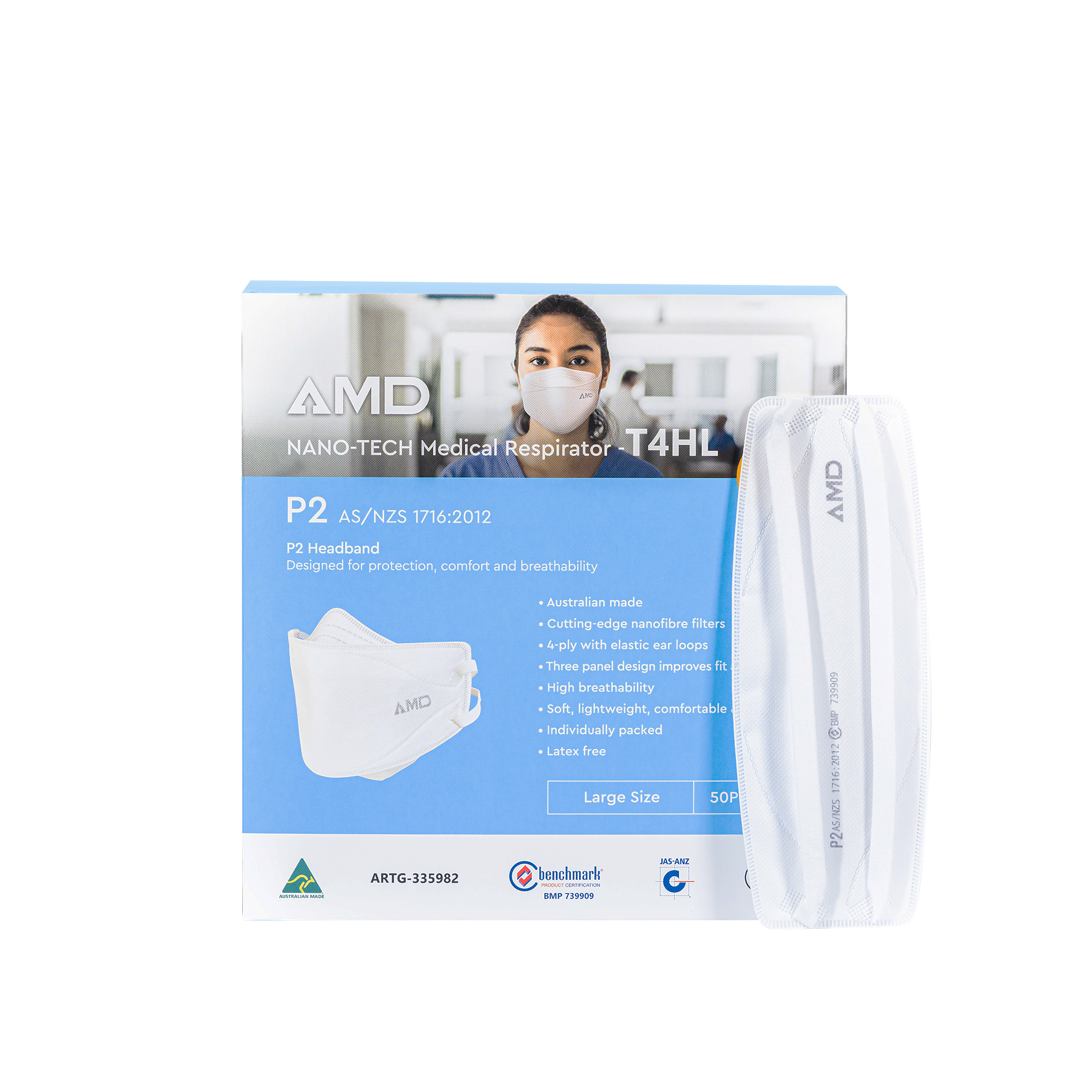 P2 Face Masks | Australian Made | AMD Nanotech  Level 3 - White | HEAD BANDS  4 x Ply (1Box/50masks) A