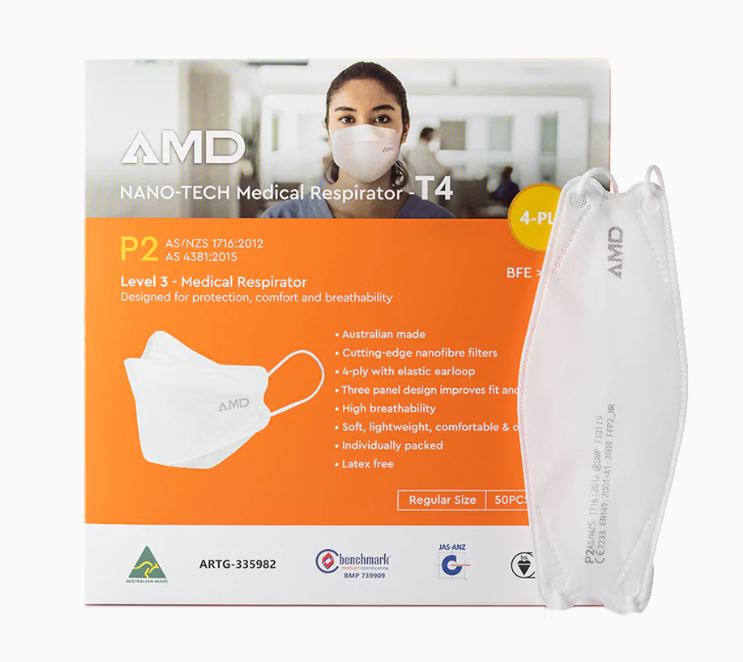 P2 Face Masks | Australian Made | AMD Nanotech  Level 3 Ear Loop  -  WHITE | 4 x ply (1Box/50masks)